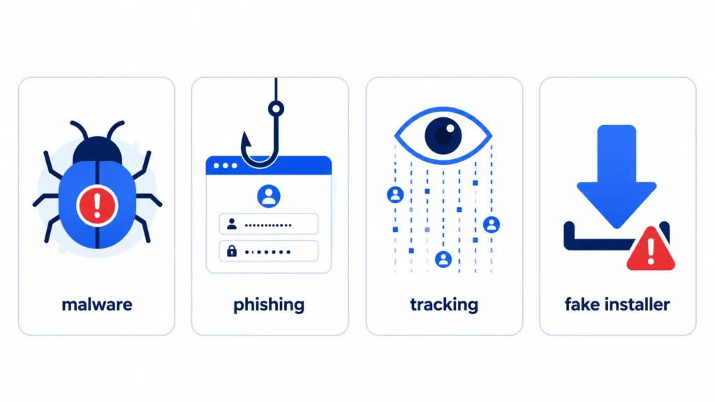 Infographic showing four YTMP3 malware risks: malware, phishing, tracking, fake installers