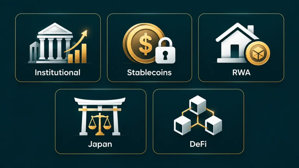 Flat icon grid showing the five top FTAsiaEconomy crypto trends for 2026 including institutional adoption, stablecoins, RWA tokenization, Japan regulation, and DeFi growth