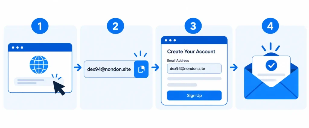 4 steps showing how to use TempMailg to create a throwaway email address instantly