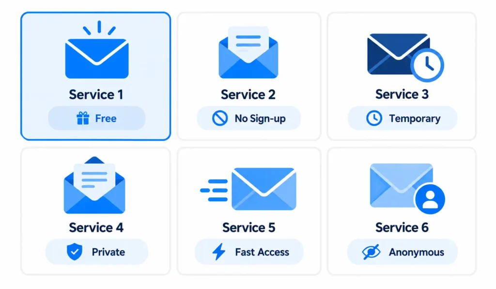 Comparison of TempMailg alternatives showing free disposable email services side by side